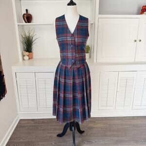 Vintage Handmade Navy Blue Rust Wool Plaid Pleated Midi Skirt and Vest Set XS